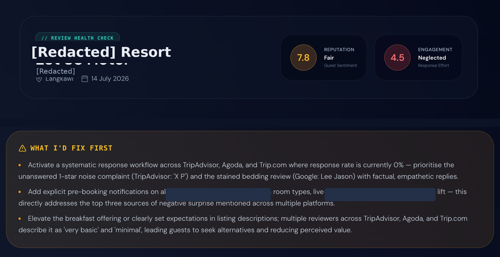 HoteliaOS review audit showing reputation scores and what to fix first